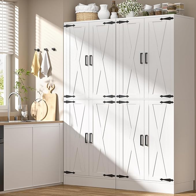 Unikito Kitchen Pantry Storage Cabinet with Farmhouse Barn Doors and Storage Drawer, 4 Adjustable Shelves, Freestanding Tall 71‘’ H Cupboard for Dining Room, Living Room, Utility Room, White