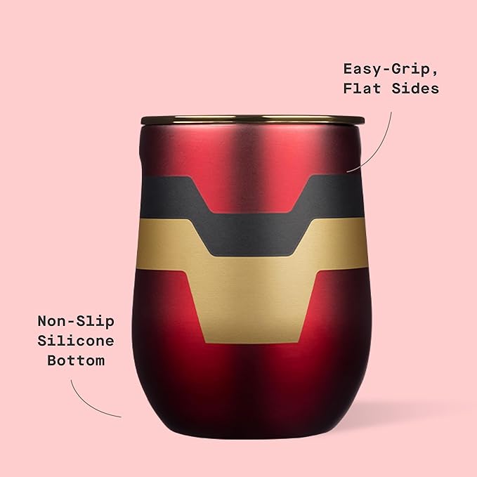 Corkcicle Stemless Insulated Wine Glass Tumbler - Keeps Beverages Cold 6 Hours & Hot 3 Hours - Stainless Steel - Easy-Grip - Summer Drinkware Gift - Keeps Drinks Ice Cold - 12 oz - Iron Man