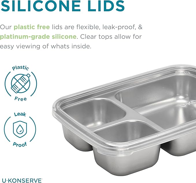 U Konserve Stainless Steel Rectangle Divided 3 Section Food Storage Bento Box Container, Leak Proof Silicone Lid Dishwasher Safe - Plastic Free, (24oz Cosmic Blue)