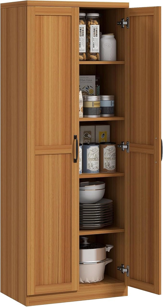 HOMCOM 63" 2-Door Kitchen Pantry, Freestanding Storage Cabinet with 5-Tier Shelving and 2 Adjustable Shelves for Dining Room, Teak Wood Grain