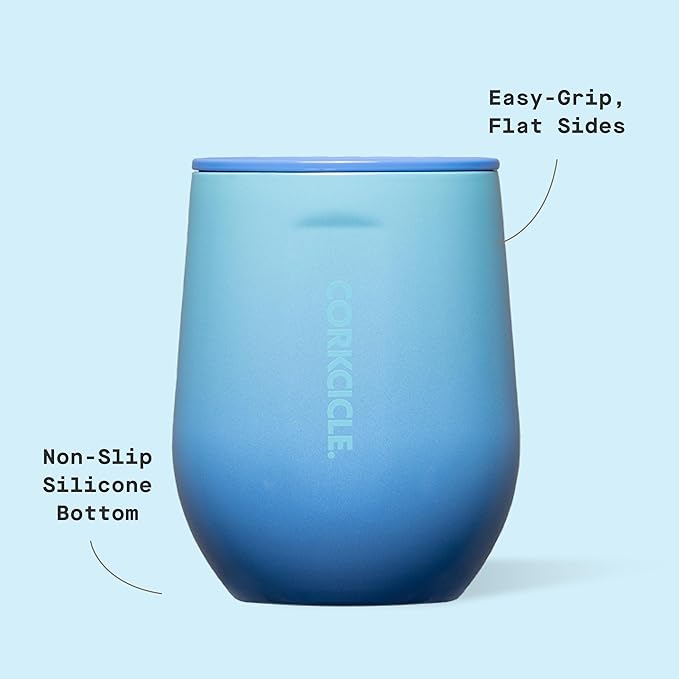 Corkcicle Classic Stemless Wine Tumbler - Keeps Drinks Cold for 6 Hours - Triple-Insulated Stainless Steel - Non-Slip Bottom - Summer Drinkware Gift - Keeps Drinks Ice Cold - 12 oz - Boom Box Blue