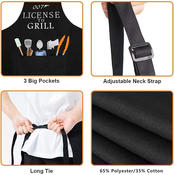 Black Grilling Apron with Pockets, Funny Cooking Apron for Kitchen, BBQ, Outdoor Use, One Size Fits All, Great Gift for Men – Dad, Husband, Boyfriend