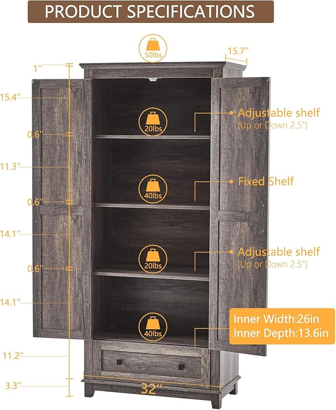 Farmhouse Kitchen Pantry Cabinet, 72" Tall Storage Cabinet with Adjustable Shelves & Barn Doors, Freestanding Kitchen Cupboard for Dining Room, Living Room, Gray