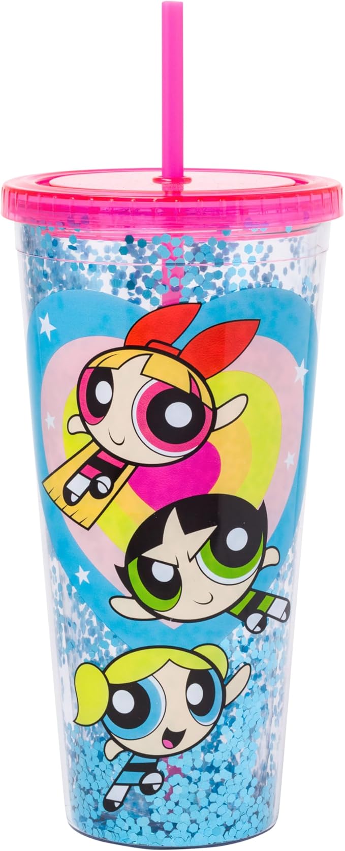 Silver Buffalo The Powerpuff Girls Featuring Blossom, Bubbles, and Buttercup Plastic Confetti Cold Cup with Lid and Straw, 32 Ounces