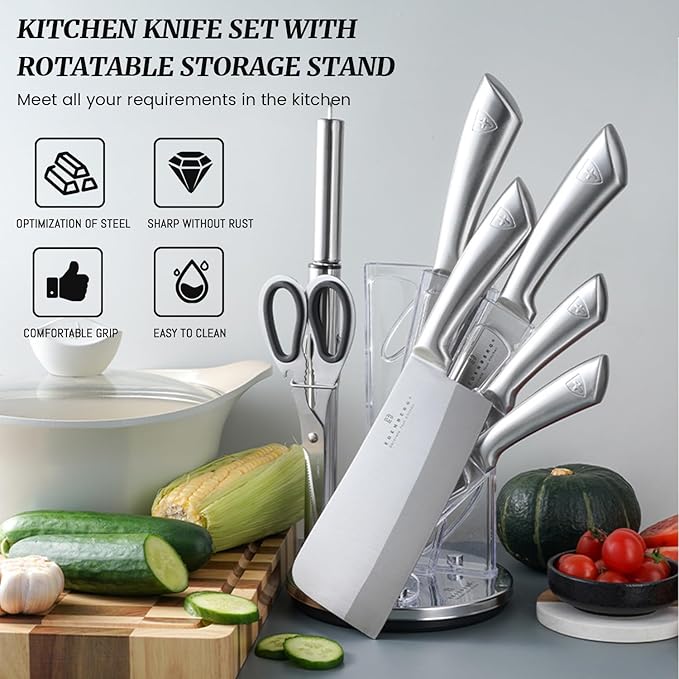 Kitchen Knife Set, Retrosohoo 9-Piece Silver Sharp Non-Stick Coated Chef Knives Block Set,Stainless Steel Knife Set for Kitchen with Sharpener for Cutting Slicing Dicing Chopping (Silver)