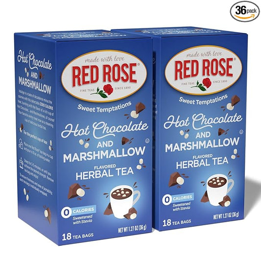 Red Rose Sweet Temptations Dessert Tea Hot Chocolate with Marshmallow, Zero Carbs, Zero Sugar Bursting with Flavor Caffeine-Free Delicious Beverage Herbal Tea, 18 Count Naturally Flavored Herbal Tea Pack of 2