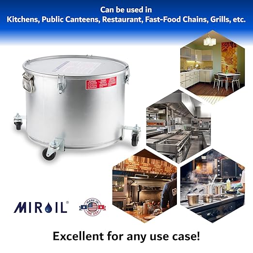 MirOil 7 Gallon Oil Disposal Caddy with Caster Wheels, USA Made Deep Fryer Grease Bucket Pot with Lid Lock & Lock Clip, 55Lb. Frying Oil Disposal Storage Container, Filtering Hot Cooking Grease - 60LC