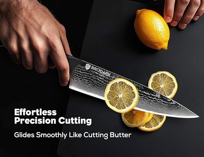 BRODARK Knife Set, Damascus Kitchen Knife Set with Block, 9 Pieces Sharp Professional Japanese Chef Knives with Ergonomic Full-Tang ABS Handle for Home, Restaurant -Christmas Gift, Dark Horse Series