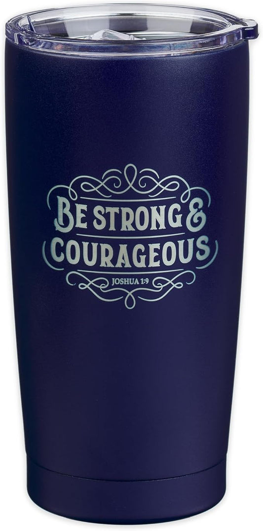 Christian Art Gifts Large Insulated Stainless Steel Travel Mug Tumbler for Men & Women: Strong & Courageous Uplifting Scripture, Double Wall Vacuum Sealed, Retractable Lid, Navy Blue & Silver, 18 oz.