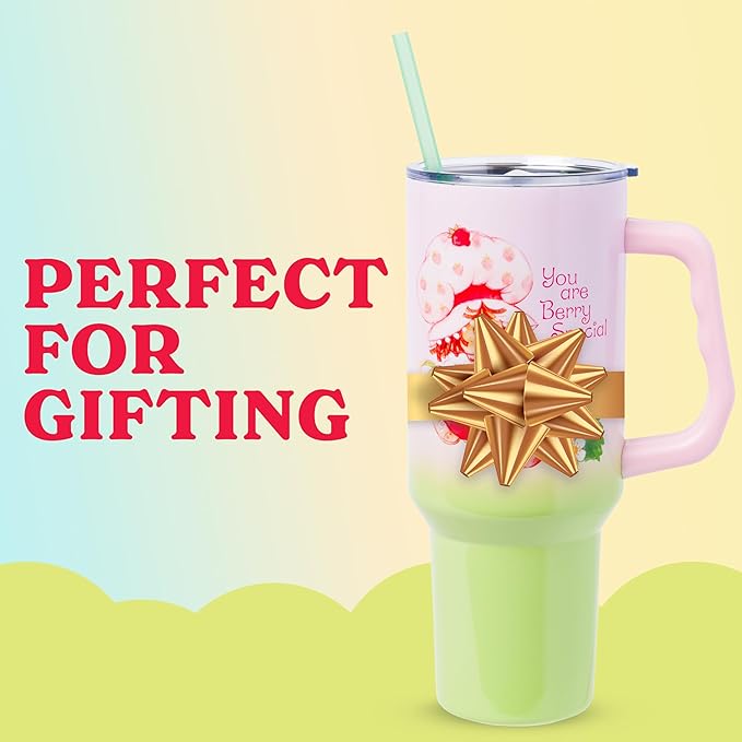 Silver Buffalo Strawberry Shortcake You Are Berry Special Vintage Pink and Green Ombre Stainless Steel Tumbler with Handle and Straw, Fits in Standard Cup Holder, 40 Ounces