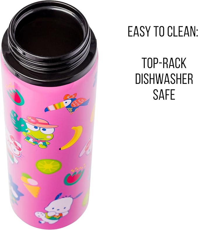 Silver Buffalo Sanrio Hello Kitty and Friends Tropical Stainless Steel Water Bottle Featuring Keroppi, Tuxedo Sam, Badtz-Maru, and Pochacco, 25 Ounces
