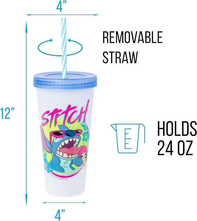 Silver Buffalo Disney Lilo and Stitch Tropical Character Poses 4 Pack Color Changing Plastic Tumbler with Lid and Reusable Straw, 24 Ounce