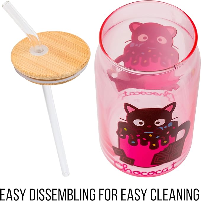 Silver Buffalo Sanrio Hello Kitty & Friends Chococat Chocolate Pink Glass Jar Tumbler with Bamboo Lid and Glass Straw, 16 Ounces (Pack of 12)