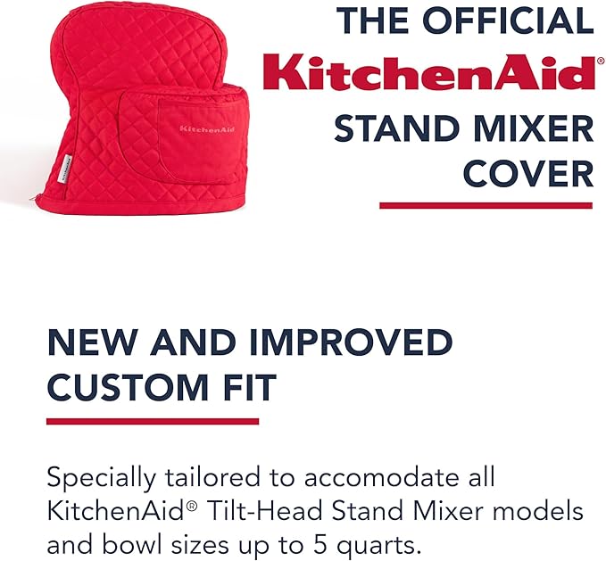 KITCHENAID Fitted Tilt-Head Stand Mixer Cover with Storage Pocket, Quilted 100% Cotton,14.4"x18"x10", Passion Red
