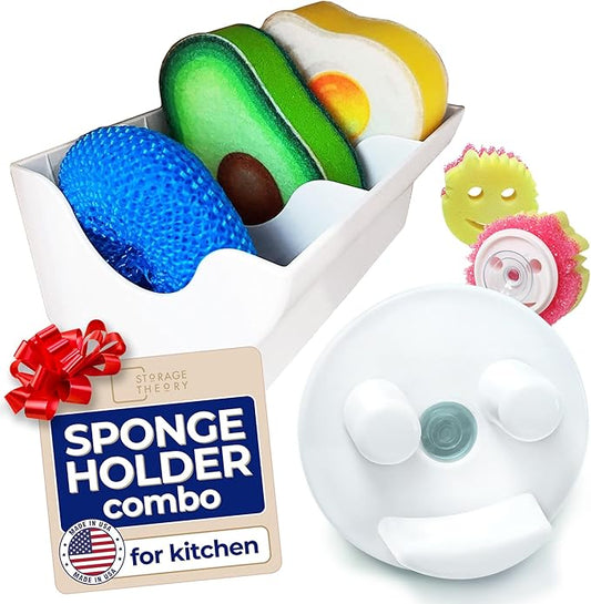 BeraTek Sponge Daddy Caddy & Under Sink Sponge Holder Combo - Kitchen Sink Organizer Keeps Sponges Dry, Odor-Free - White, Combo Pack