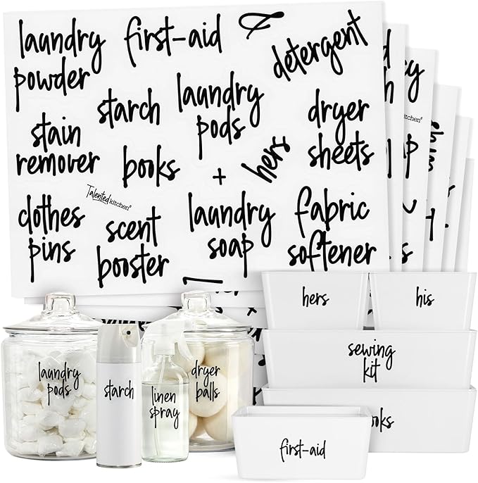 Talented Kitchen Laundry Labels for Jars & Containers - 141 Count, White Vinyl, Modern Script - Laundry Room Organization & Kitchen Organization with Food Container Labels and Water-Resistant Adhesive