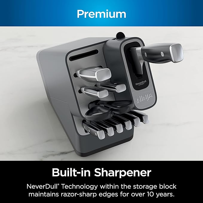 Ninja Knife Set, Knife Sharpener, Knife Block Set, Stainless Steel Knives, 14 Piece Set, Steak Knives, Chef Knives and More, Foodi NeverDull, Black, K32014