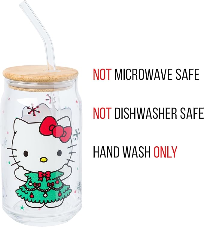 Silver Buffalo Sanrio Hello Kitty Holiday Glass Tumbler with Bamboo Lid and Glass Straw, 16 Ounces