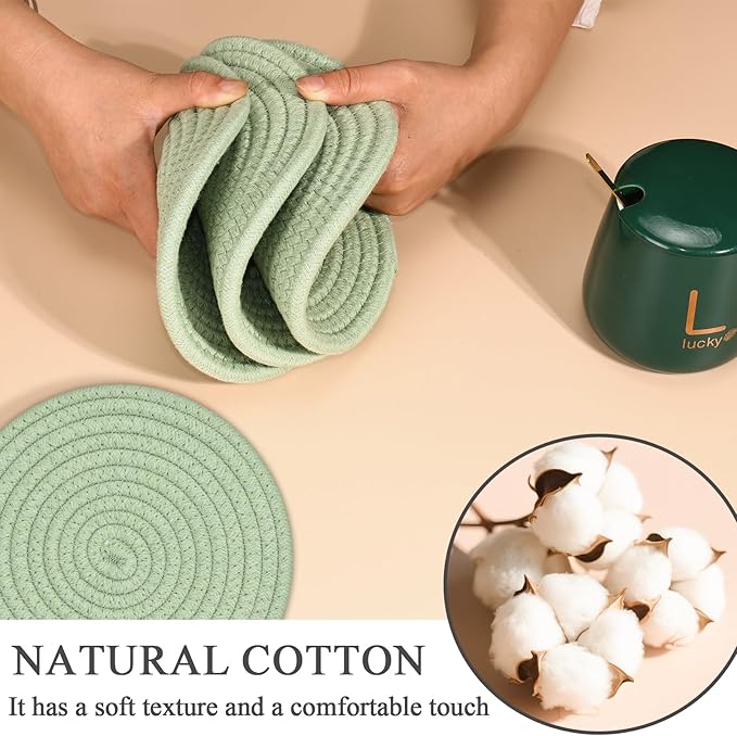 Trivets for Hot Dishes, 4 Pot Holders for Kitchen, Heat Resistant Mats for Countertop, 8 Inch Hot Pads for Hot Pots and Pans, Coaster, Home Essentials, Rustic Farmhouse Decor (Green)
