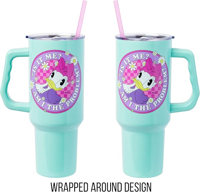 Silver Buffalo Disney Mickey and Friends Featuring Daisy Duck Is It Me? Am I The Problem? Stainless Steel Tumbler with Handle and Straw, Fits in Standard Cup Holder, 40 Ounces