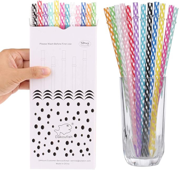 Dakoufish 12 Piece 7 Inch Reusable Plastic Thick Drinking Straws BPA Free Mason Jar Straws Transparent Small Stripe (7inch, Mix 12color)