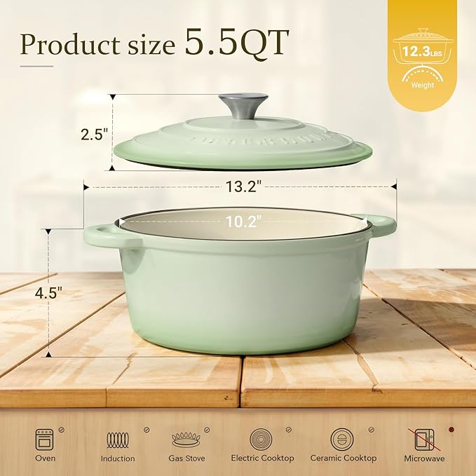Overmont Enameled Cast Iron Dutch Oven - 5.5QT Pot with Lid Cookbook & Cotton Potholders - Heavy-Duty Cookware for Braising, Stews, Roasting, Bread Baking Verdant