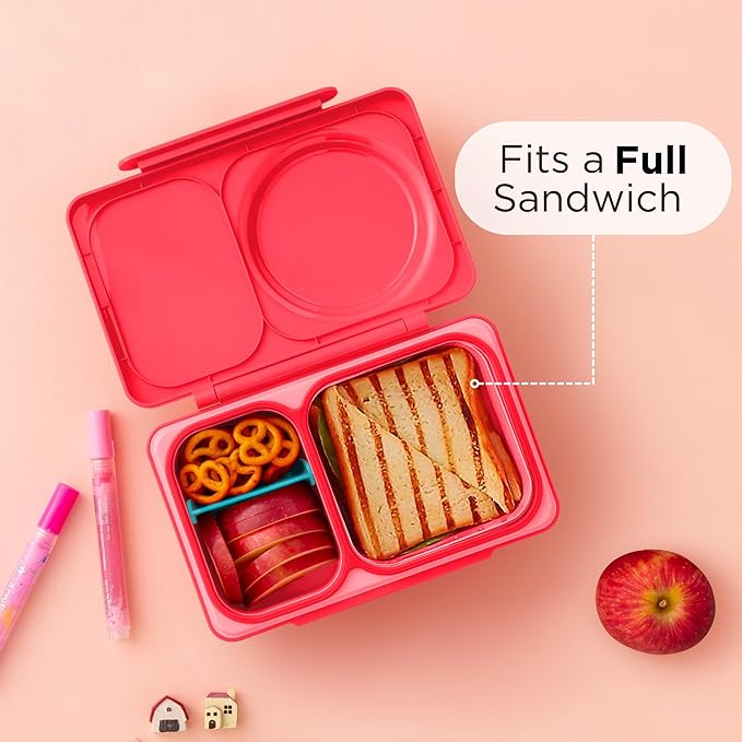 Omie OmieBox UP bento Box for Kids | Insulated Lunch Box | Leak Proof Vacuum Insulated Thermal Food jar | Cooler ice Pack | 2 Compartments (Cherry Pink)