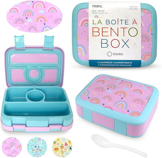 kinsho Kids Bento Lunch Box, Reusable Meal and Snack Container, Lunch Boxes For Small Girls & Toddlers Lunches, 4 Compartment - School, Daycare, Drop-Proof BPA Free, Purple Rainbow