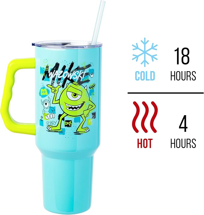 Silver Buffalo Disney Pixar Monsters Inc. Stainless Steel Tumbler with Handle Featuring Mike Wazowski, Fits in Standard Cup Holder, 40 Ounces