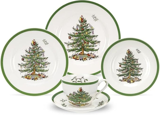 Spode Christmas Tree 5-Piece Place Setting - Festive Earthenware Tableware with Plates, Teacups, Saucers - Microwave, Dishwasher Safe - Christmas Dinnerware & Holiday Tableware