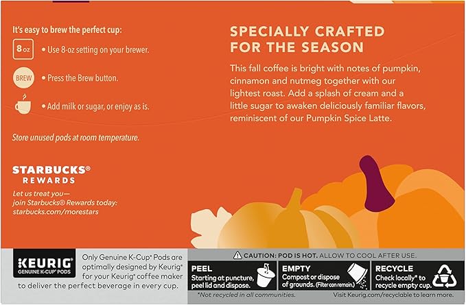 Starbucks Pumpkin Spice Coffee K-Cup Pods, Limited Edition, Made without Artificial Flavors, Keurig Genuine K-Cup Pods, 10 CT K-Cups Per Box (Pack of 3 Boxes)