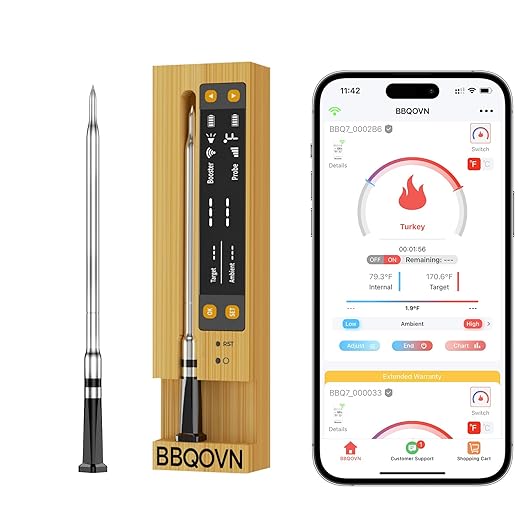 Sub-1g WiFi Wireless Meat Thermometer Unlimited Range with Digital Smart Base 7 NIST Certified Sensors with Ambient Temp Monitor for BBQ, Grill,Oven, Smoker (1, Purple, Small)