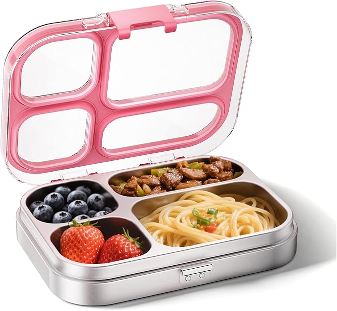 G.a HOMEFAVOR Kids Stainless Steel Lunch Box - 4-Compartment Bento Box with Locking Lid, One-Touch Latch, Leakproof Food Container for School, Travel, 800 ml, Pink