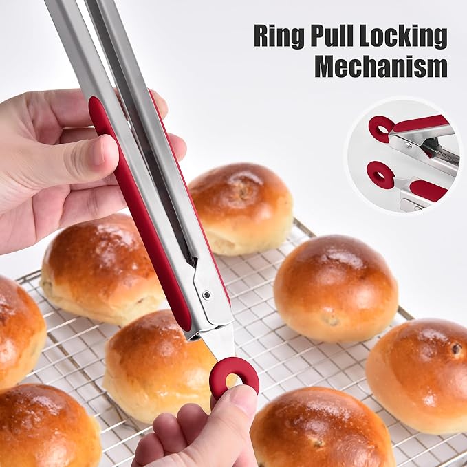 Doosu Kitchen Tongs for Cooking - 600°F Heat Resistant Food Tong with Non-Scratch Silicone Tips, Heavy Duty Stainless Steel Locking Tong for BBQ, Grilling Steak, Serving Salad, Pasta (12in, Red)