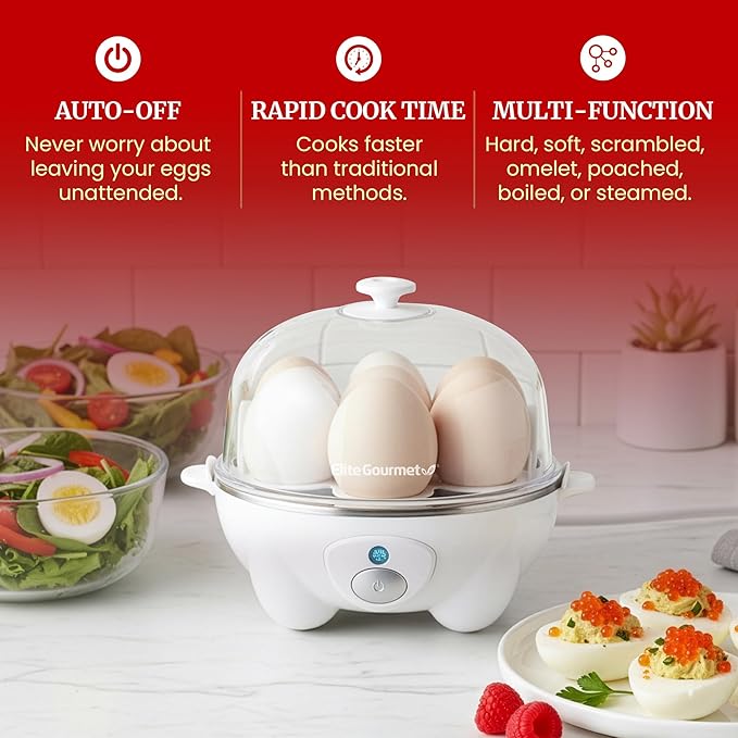 Elite Gourmet EGC-007 Rapid Egg Cooker, 7 Easy-To-Peel, Hard, Medium, Soft Boiled Eggs, Poacher, Omelet Maker, Auto Shut-Off, Alarm, 16-Recipe Booklet, White