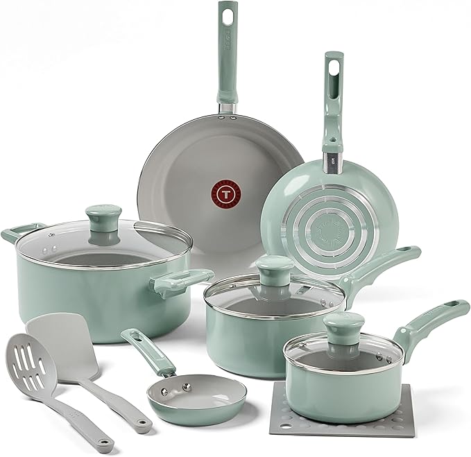 T-Fal Refresh Ceramic Nonstick Cookware Set, Oven Safe Up to 350ºF, 12-Piece, Includes Stockpot, Griddle, Frying Pans, Utensils, Ceramic Pots and Pans Set, Mint Green