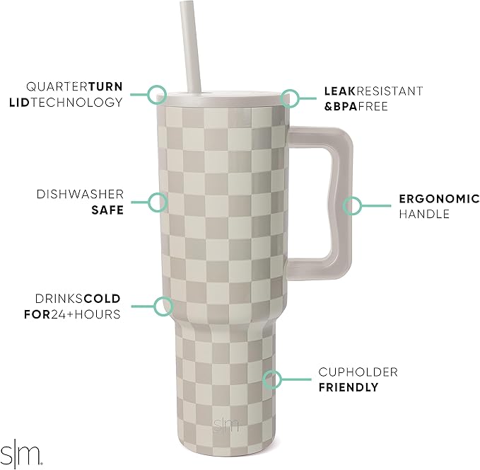 Simple Modern 40 oz Trek Tumbler with Handle and Straw Lid | Cup Holder Friendly Insulated Stainless Steel Travel Mug | Checkmate (Pack of 12)