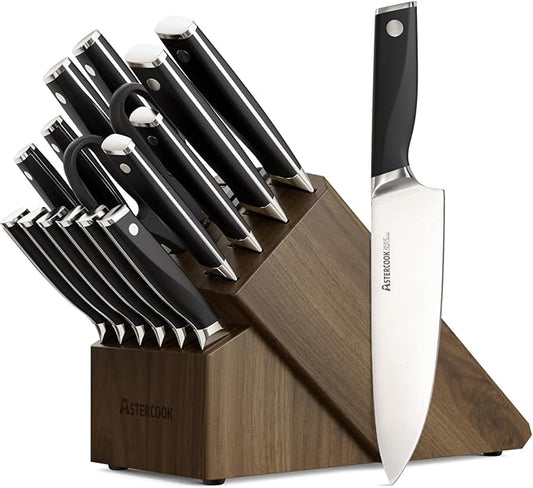 Astercook Knife Set, Kitchen Knives Set with Block and Sharpener Full Tang 17 Pcs German Stainless Steel Knives Sharp Blade Dishwasher Safe Premium Knife Set with Anti-slip Ergonomic Handle, Black