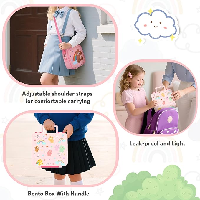 Lunch Box Kids with 5 Compartments, Insulated Food Jar & Utensil & Sauce Container & Lunch Bag & Silicone Collapsible Cup, Leak Proof Bento Box, BPA-Free & Dishwasher Safe-Pink