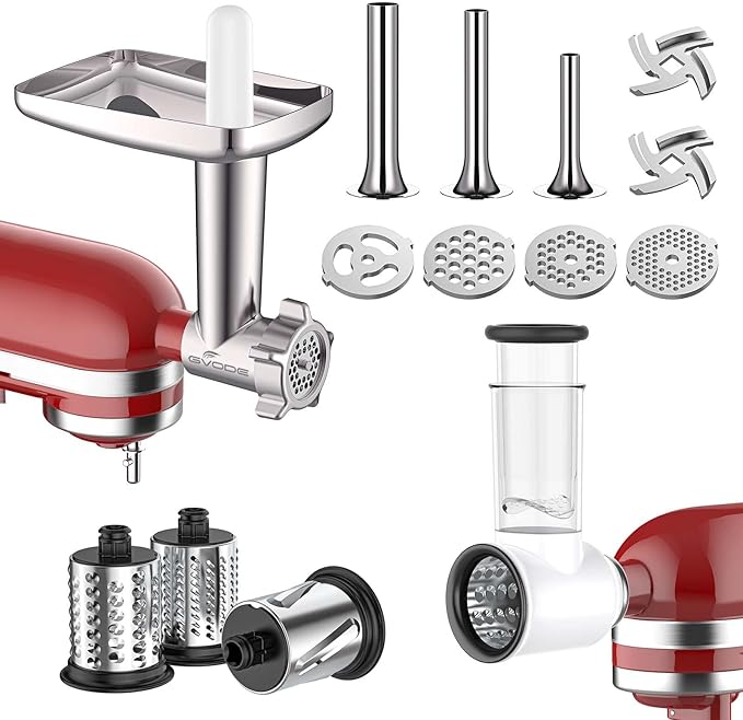 Meat Grinder and Cheese Grater Attachment for KitchenAid Stand Mixer, Slicer Shredder & Meat Grinder with Sausage Stuffer, 2 Pcs for KitchenAid Accessories and Attachments