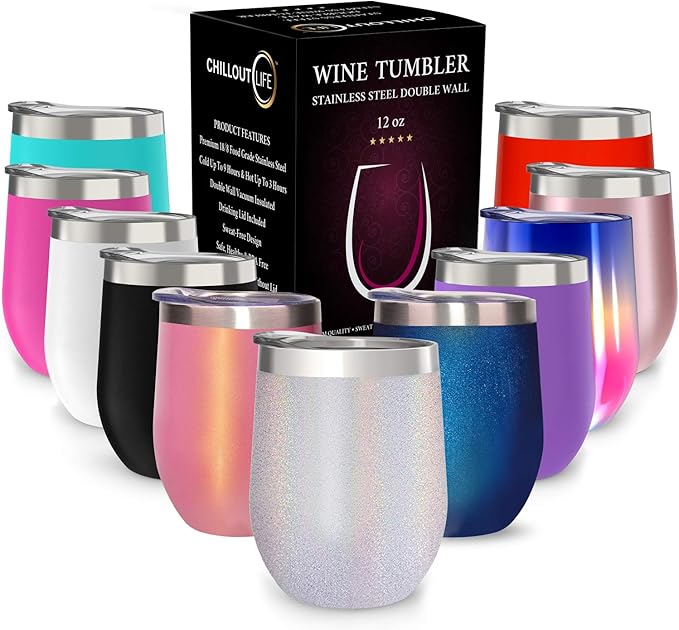 CHILLOUT LIFE 12 oz Stainless Steel Wine Tumbler with Lid - Double Wall Vacuum Insulated Wine Cup Glass Keeping Cold & Hot for Coffee, Champagne, Cocktails, Ice Cream - Holographic Glitter