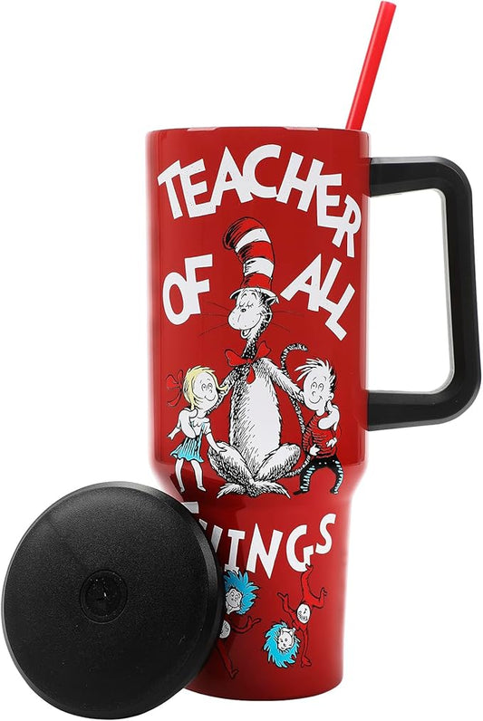 Bioworld Dr. Seuss Teacher of All Things Vacuum Insulated 40 Oz Stainless Steel Tumbler with Leak-Proof Lid & Ergonomic Easy-Carry Handle for School or Home