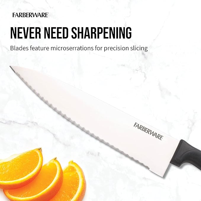 Farberware Never Needs Sharpening High-Carbon Stainless Steel Knife Block Set with Non-Slip Handles, 18 Piece, Black