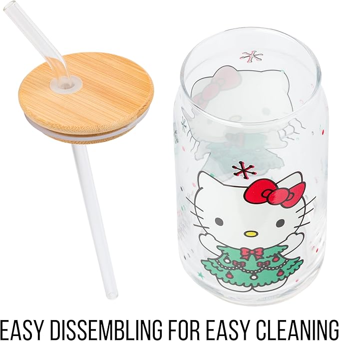 Silver Buffalo Sanrio Hello Kitty Holiday Glass Tumbler with Bamboo Lid and Glass Straw, 16 Ounces