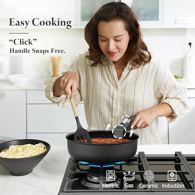 Ceramic Nonstick Cookware Set, Healthy,Non Toxic,17-Pieces Pots and Pans Set Removable Handles,Induction RV Kitchen Set,Stain & Scratch-resistant,Dishwasher/Oven Safe,PFAS/PFOA Free,Black