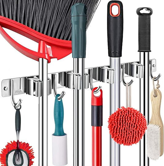 Piyl Broom Mop Holder Wall Mount Broom Hanger Wall Mounted Metal Organization Garage Storage Garden Kitchen Tool Organizer With 4 Racks and 5 Hooks (Silver, 1 Pack 4R5H)