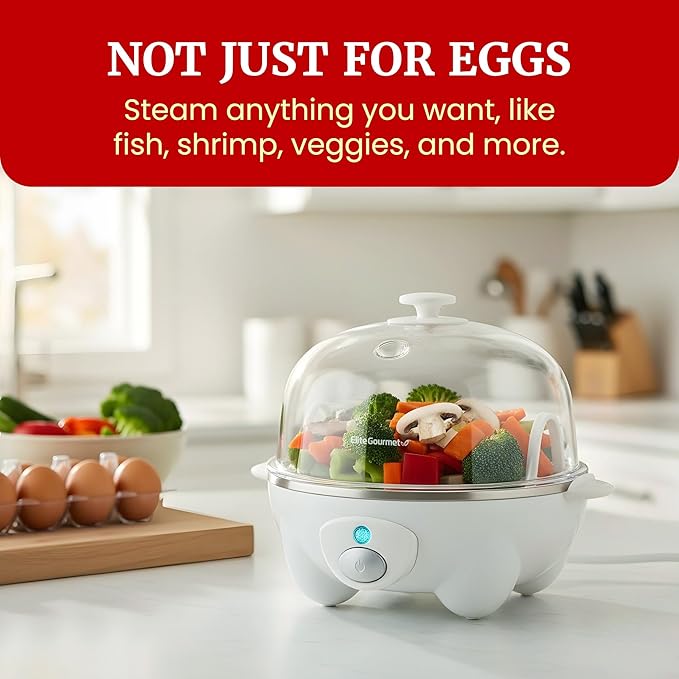 Elite Gourmet EGC-007 Rapid Egg Cooker, 7 Easy-To-Peel, Hard, Medium, Soft Boiled Eggs, Poacher, Omelet Maker, Auto Shut-Off, Alarm, 16-Recipe Booklet, White