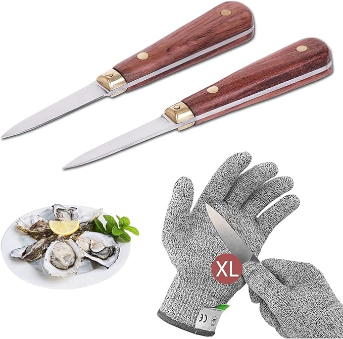 SPEENSUN Oyster Shucking Knife Set - 2 Knife and 1 Glove XL, Not Easy to Break or Bend, More Secure with Glove