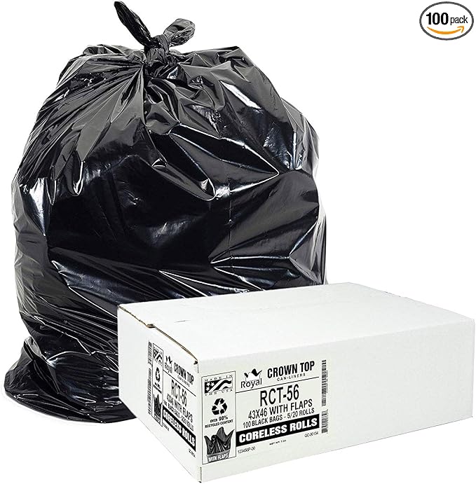 Aluf Plastics RCT-56 Star Sealed Coreless Rolls with E-Z Tie Flap Closure, 56 gal, Polyethylene, 43" x 46", Black (Pack of 100)