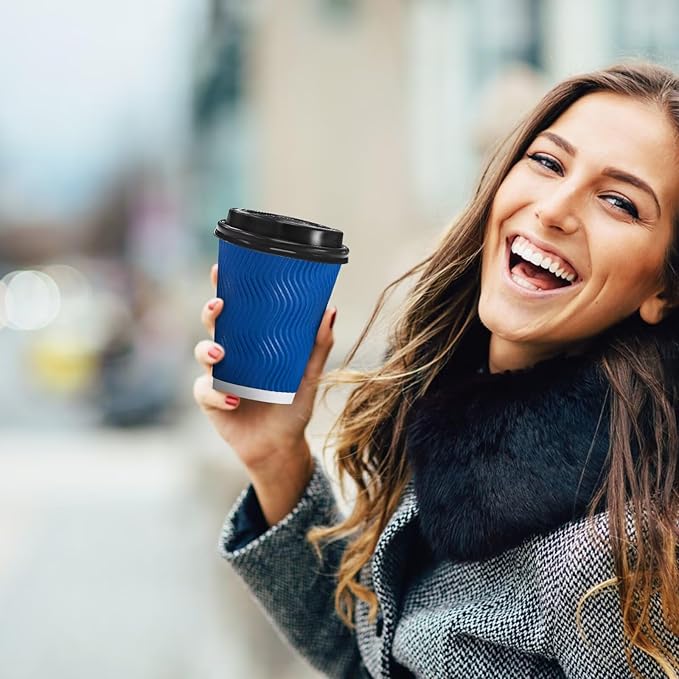 100 Pack Coffee Cups with Lids 12oz, Disposable Insulated Ripple Wall To Go Paper Coffee Cups for Hot/Cold Drinks Office Home Shop Event (Navy)